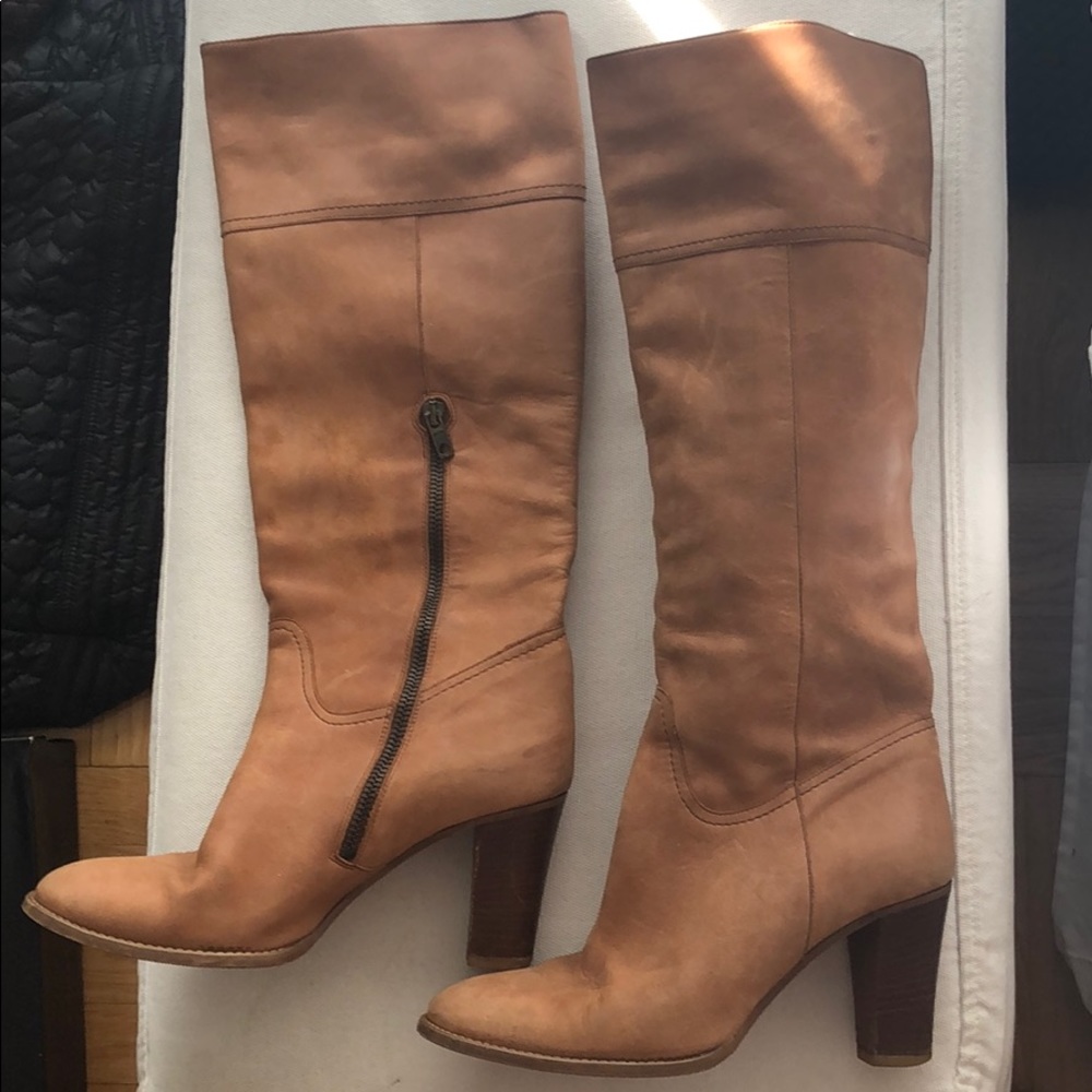J Crew camel leather knee high boots. Size 8